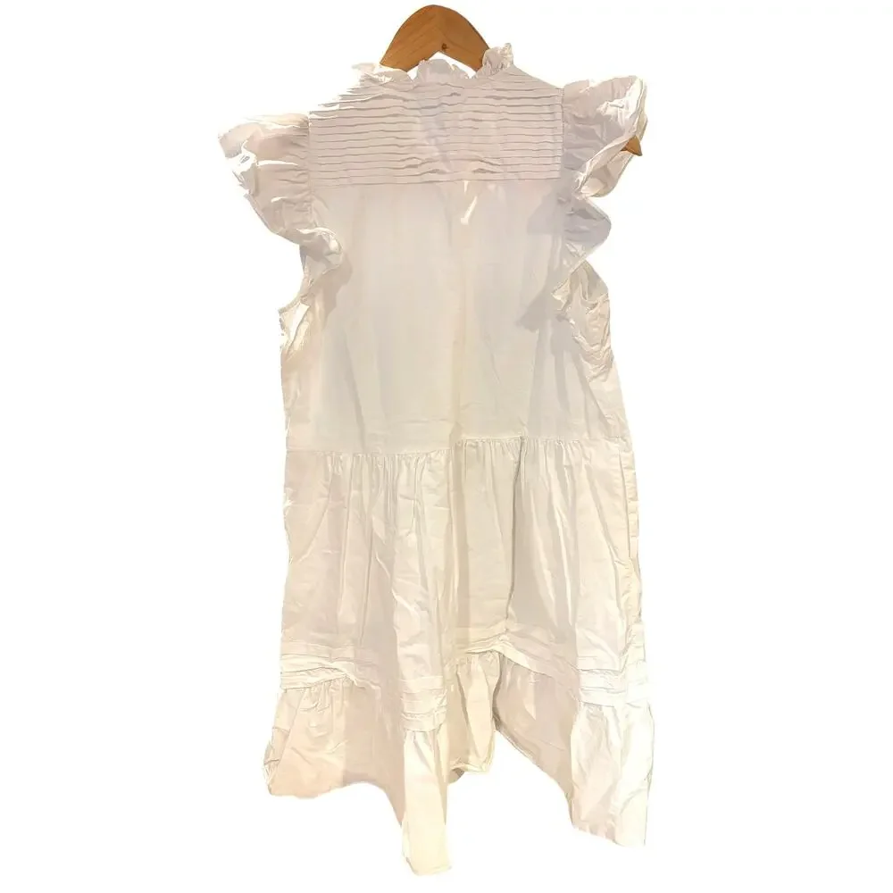 SEA New York Women's Multi Tier Dress SMALL White Flutter Sleeve Button Front